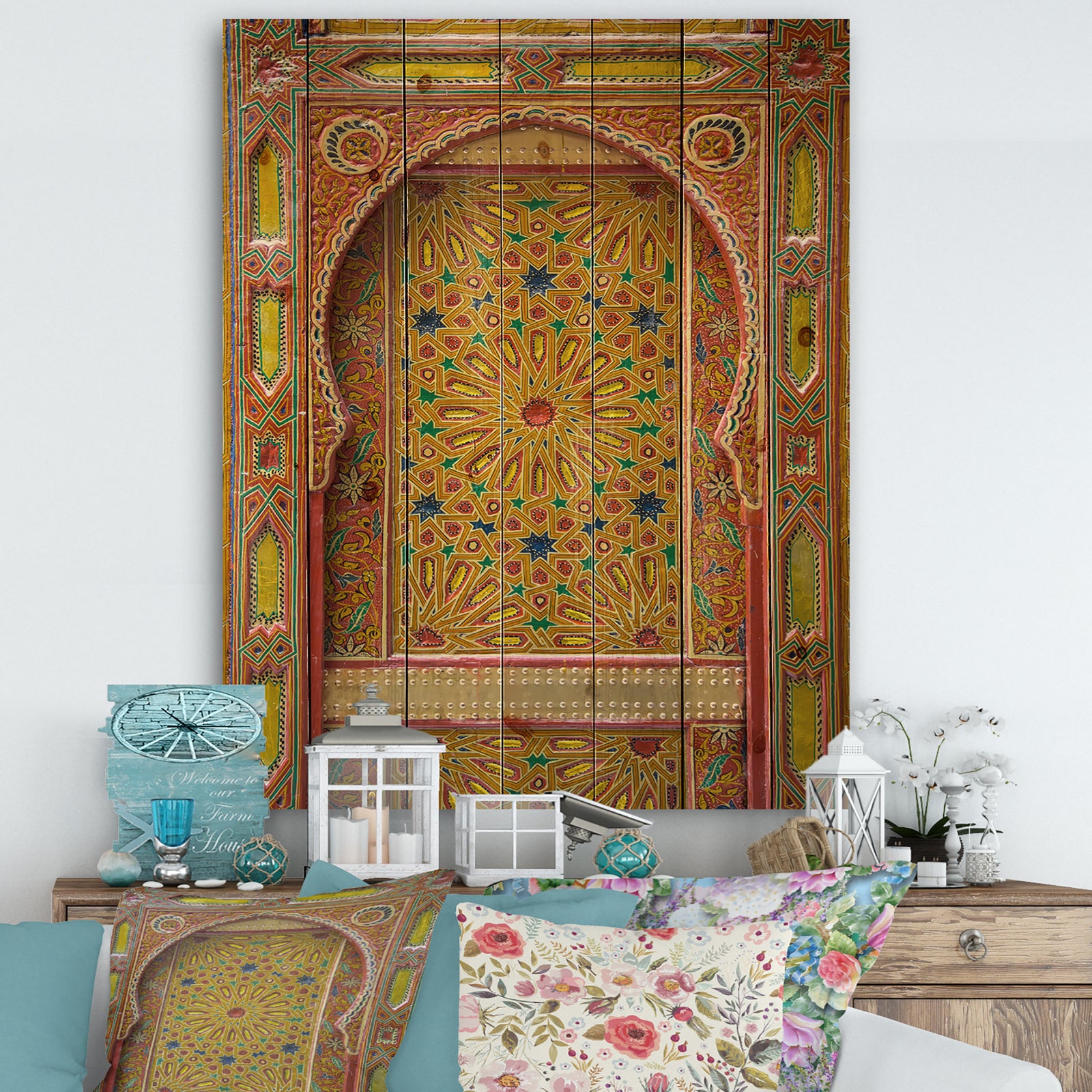 Moroccan Entrance Door in Fez - Vintage Print on Natural Pine Wood