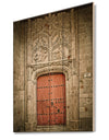 Old Red Church Door in Salamanca Spain - Vintage Print on Natural Pine Wood