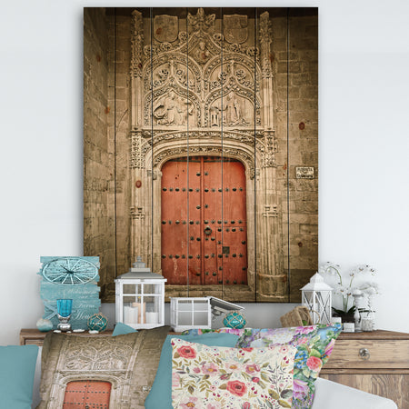 Old Red Church Door in Salamanca Spain - Vintage Print on Natural Pine Wood