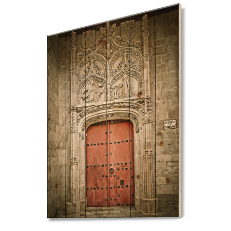 Old Red Church Door in Salamanca Spain - Vintage Print on Natural Pine Wood