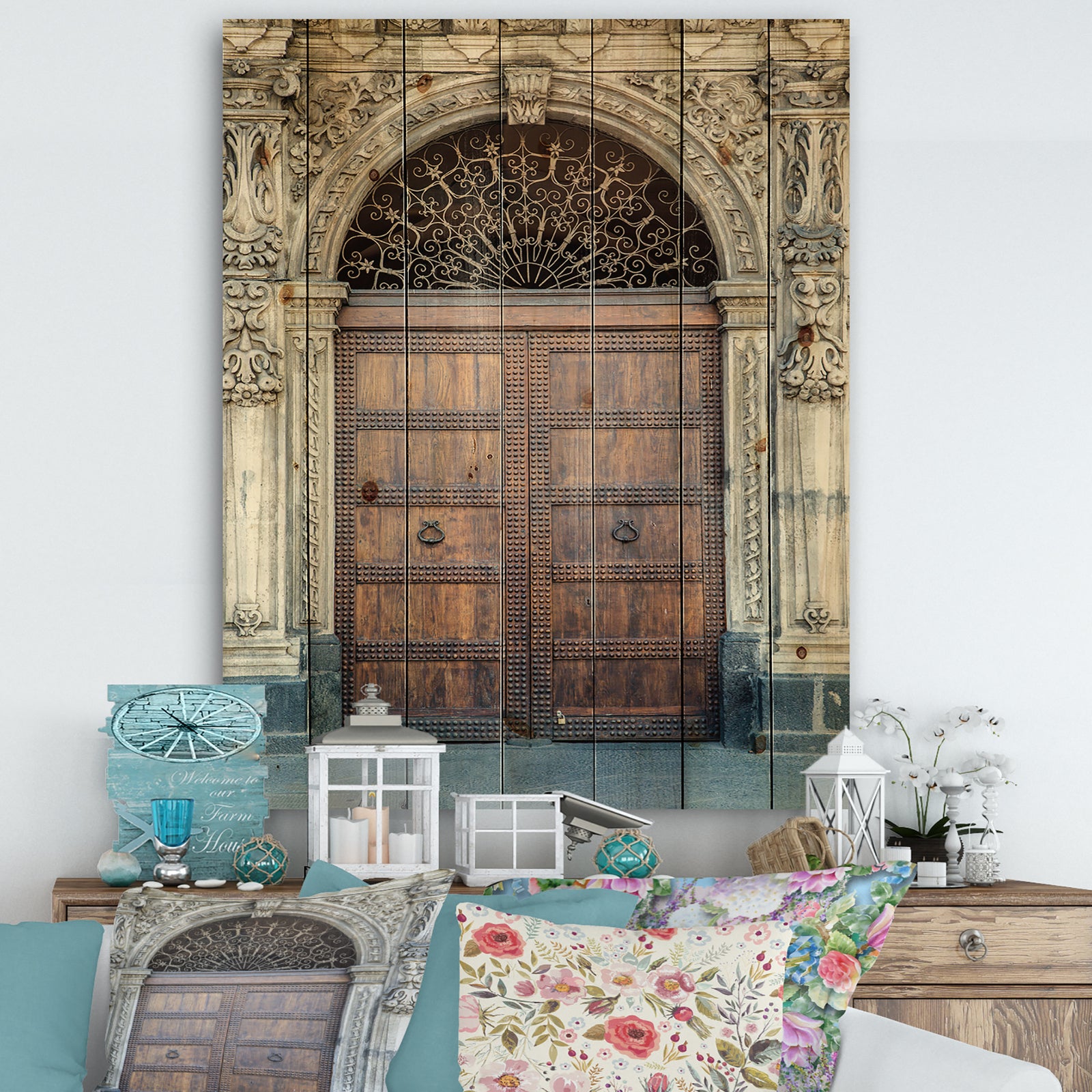 Old Door in Catania, Italy - Vintage Print on Natural Pine Wood