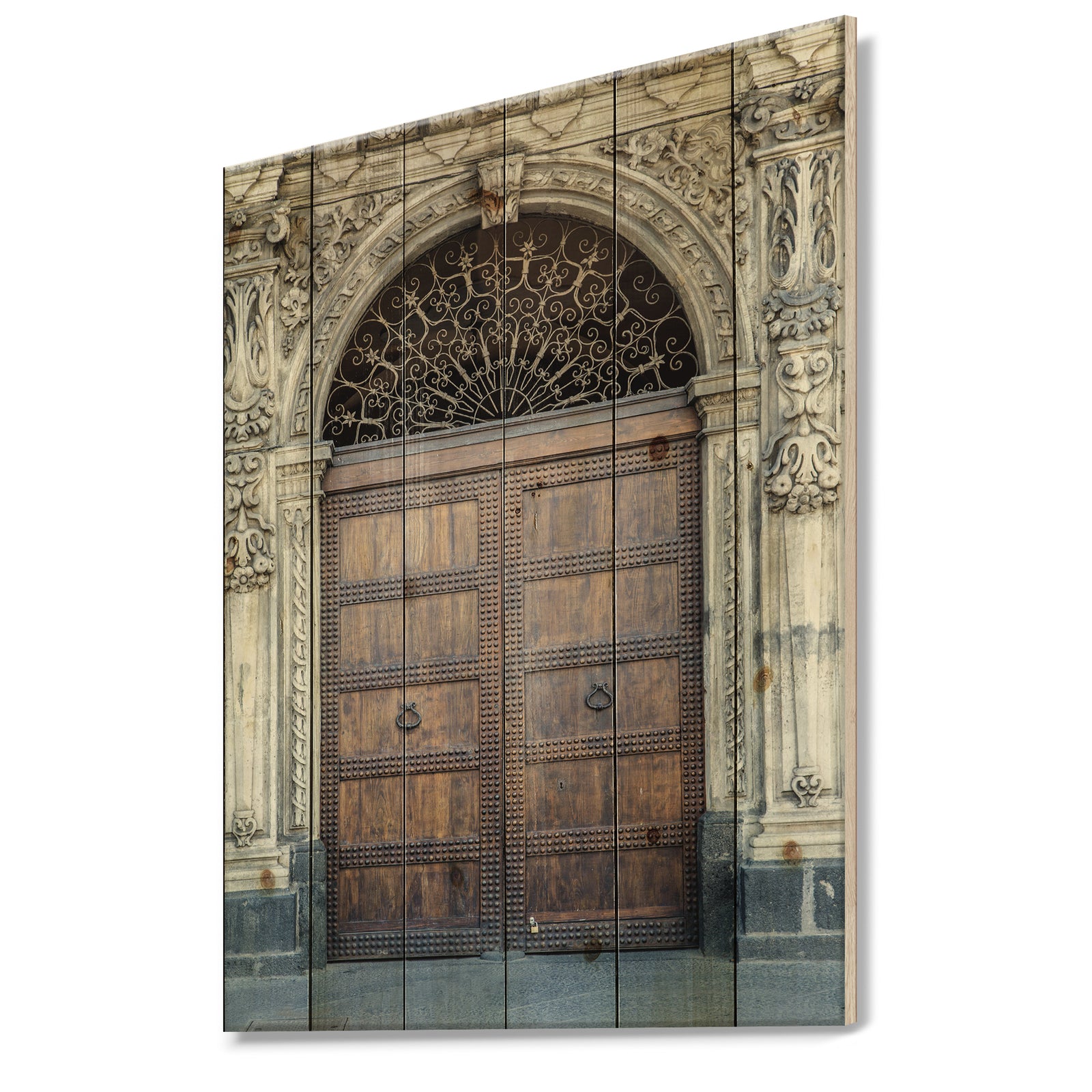 Old Door in Catania, Italy - Vintage Print on Natural Pine Wood