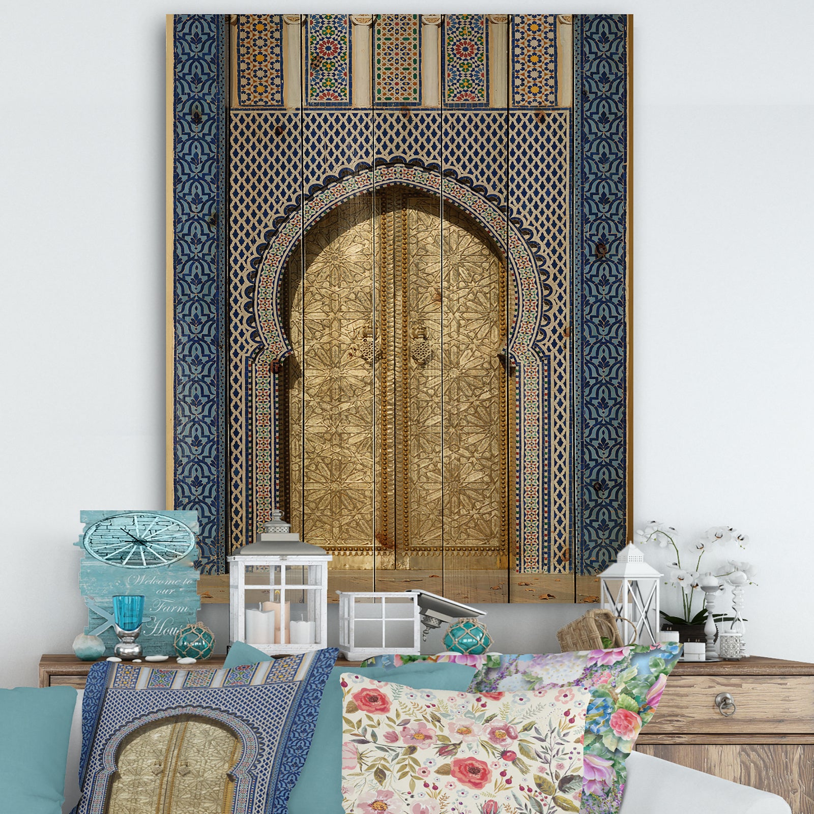 Morroco Palace Golden Doors - Vintage Print on Natural Pine Wood