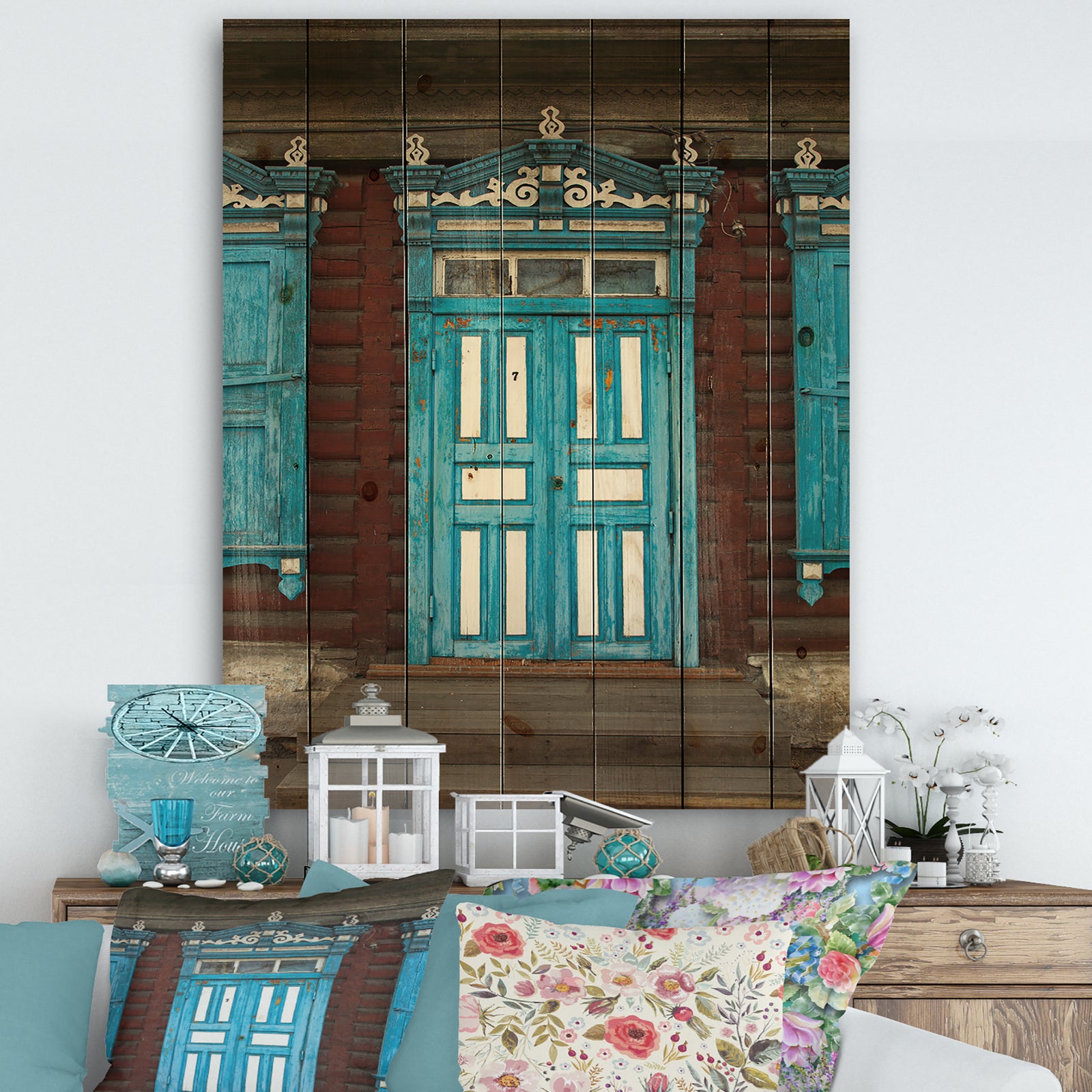 Wood Carvings On Wooden House Door - Vintage Print on Natural Pine Wood