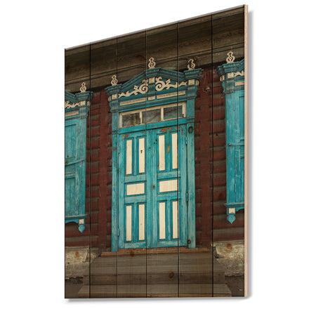 Wood Carvings On Wooden House Door - Vintage Print on Natural Pine Wood