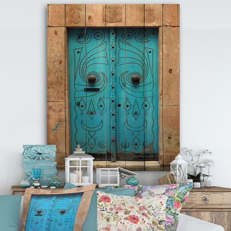 Vintage Arabic Blue Door - Vintage Print on Natural Pine Wood