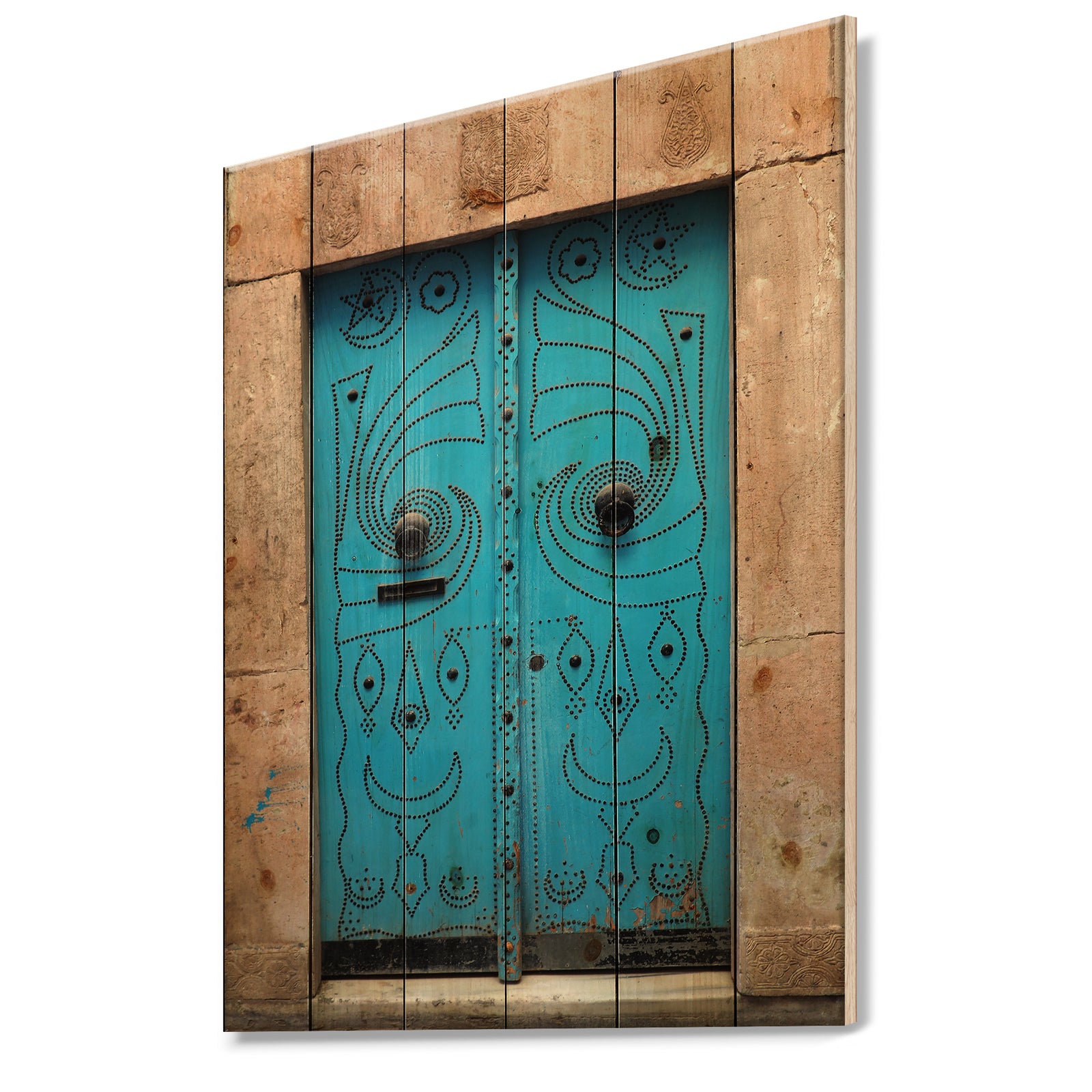 Vintage Arabic Blue Door - Vintage Print on Natural Pine Wood