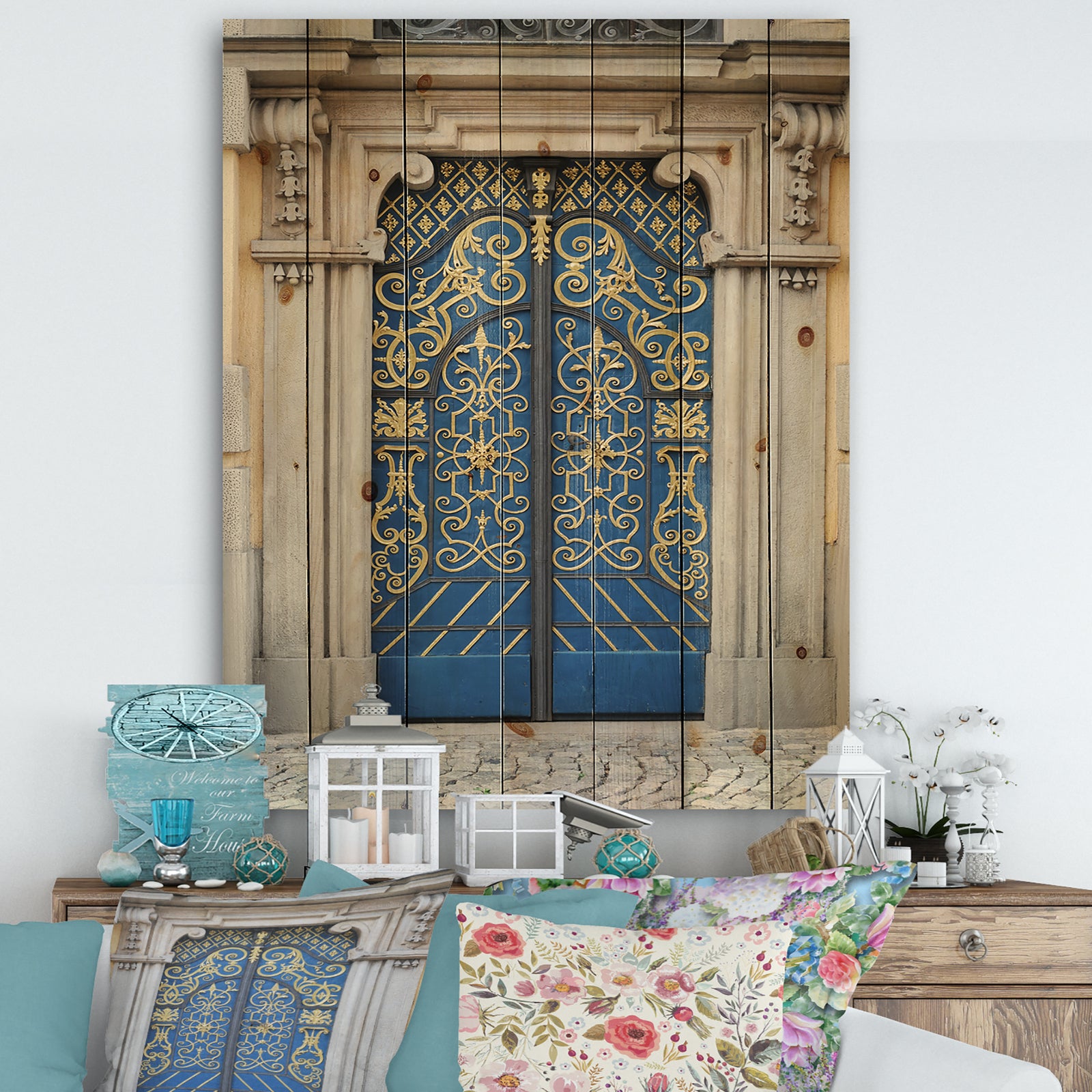 Lavish Old-European Door Vintage - Vintage Print on Natural Pine Wood