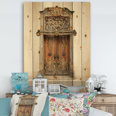 Old Door With Gold Ornaments - Vintage Print on Natural Pine Wood
