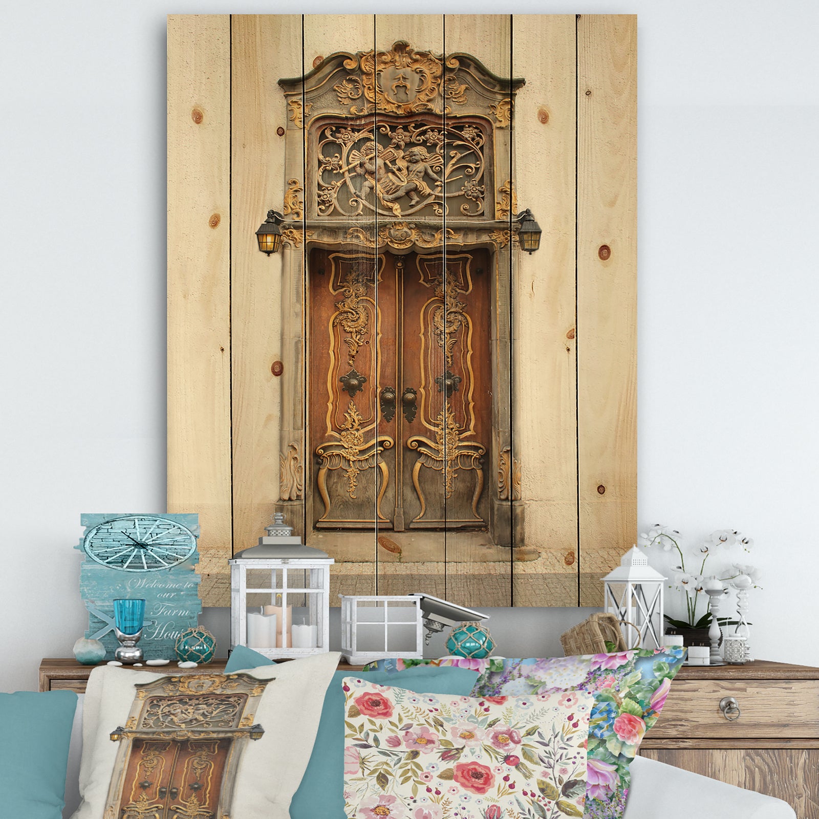 Old Door With Gold Ornaments - Vintage Print on Natural Pine Wood