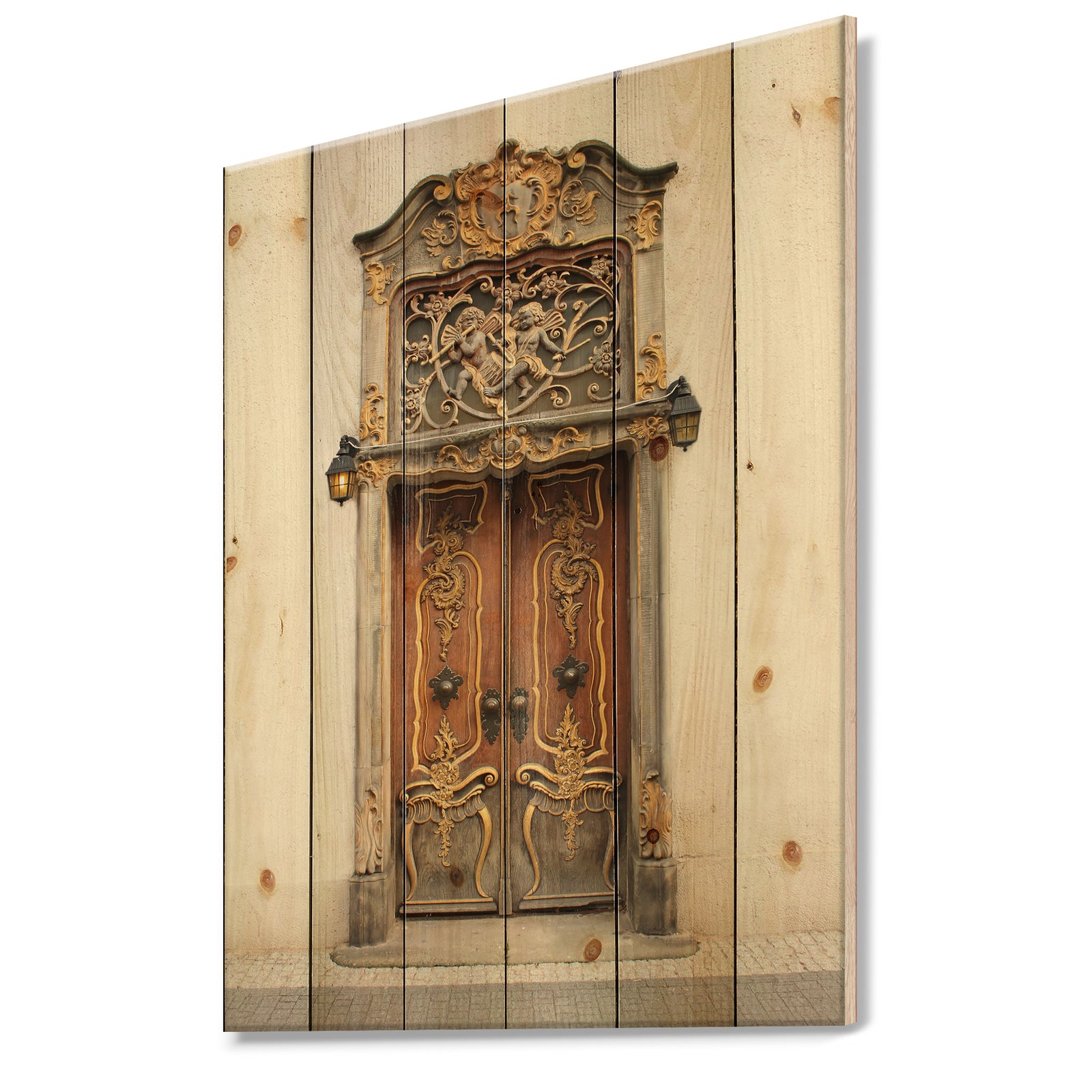 Old Door With Gold Ornaments - Vintage Print on Natural Pine Wood
