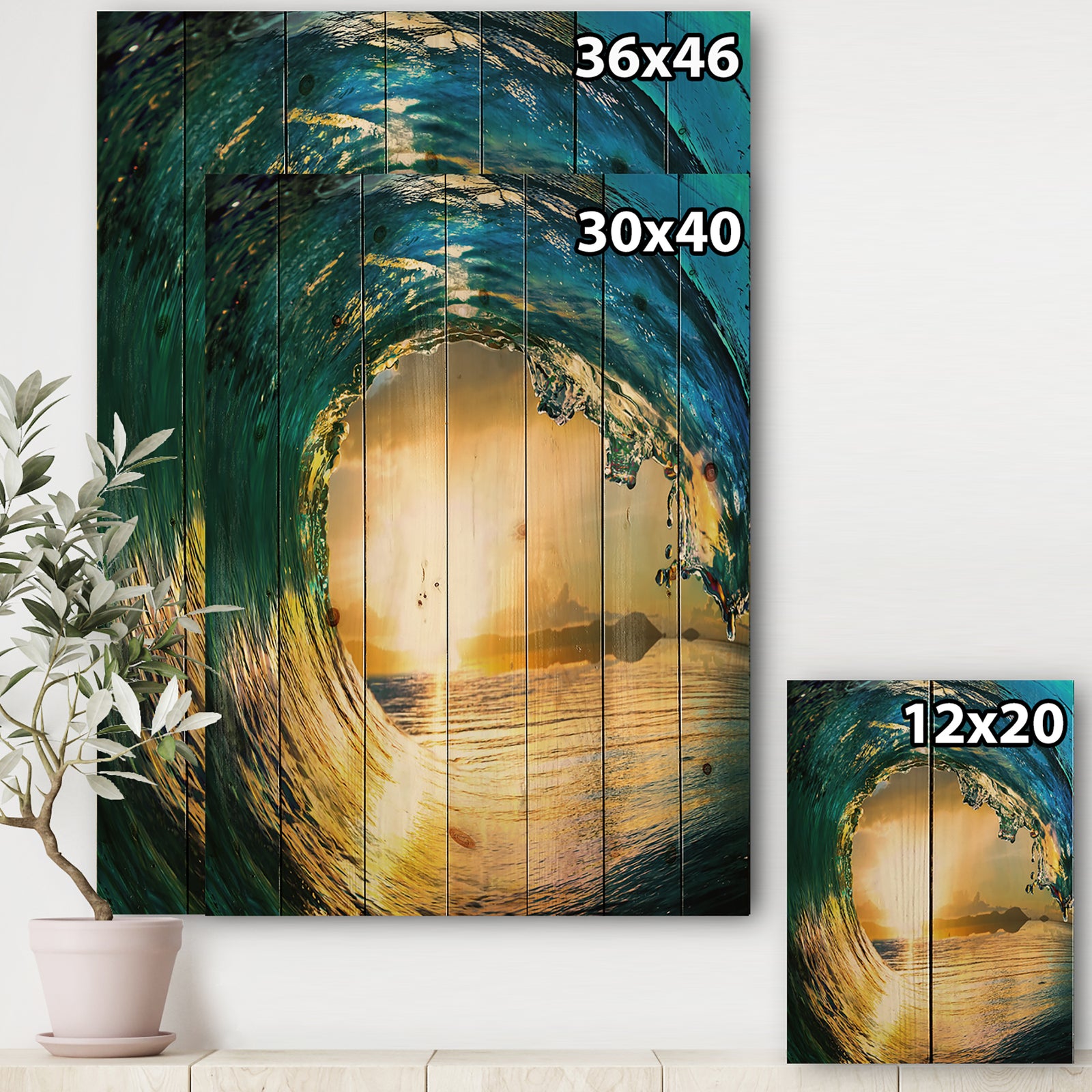 Colored Ocean Waves Falling Down II - Modern Seashore Print on Natural Pine Wood