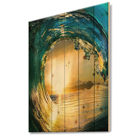 Colored Ocean Waves Falling Down II - Modern Seashore Print on Natural Pine Wood