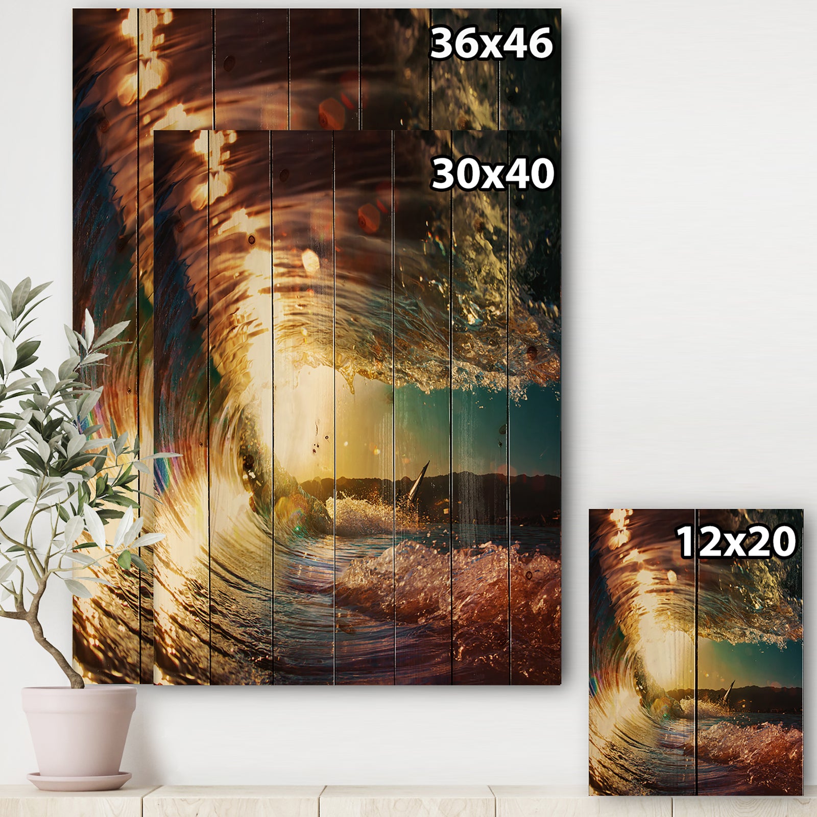 Colored Ocean Waves Falling Down III - Modern Seashore Print on Natural Pine Wood