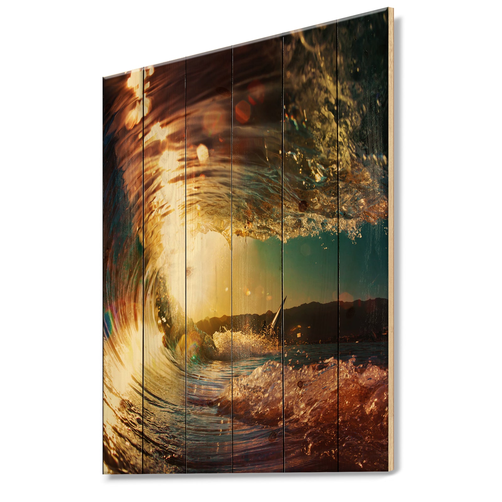 Colored Ocean Waves Falling Down III - Modern Seashore Print on Natural Pine Wood