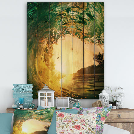 Colored Ocean Waves Falling Down IV - Modern Seashore Print on Natural Pine Wood