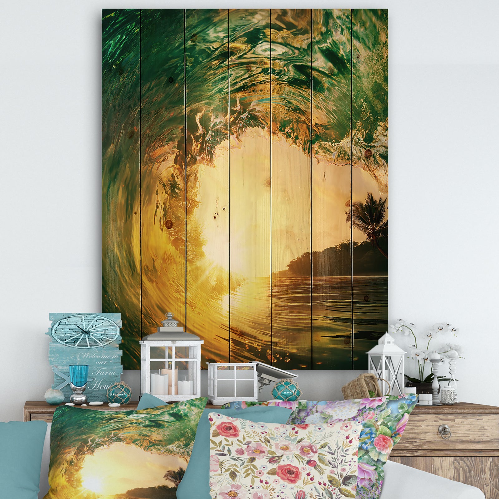 Colored Ocean Waves Falling Down IV - Modern Seashore Print on Natural Pine Wood