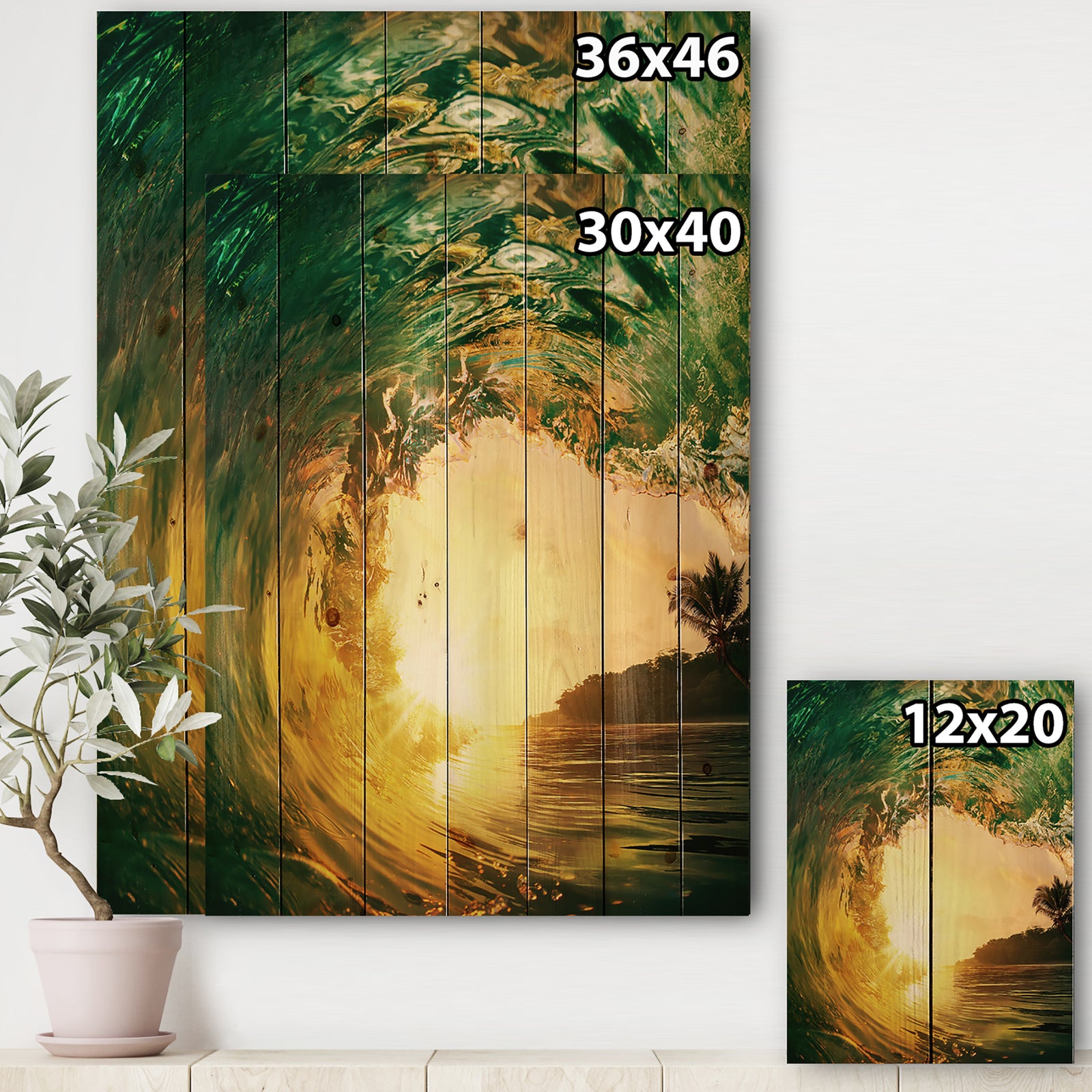 Colored Ocean Waves Falling Down IV - Modern Seashore Print on Natural Pine Wood