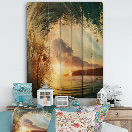 Colored Ocean Waves Falling Down V - Modern Seashore Print on Natural Pine Wood