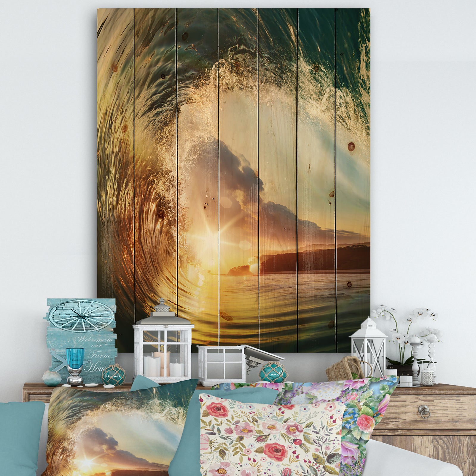 Colored Ocean Waves Falling Down V - Modern Seashore Print on Natural Pine Wood