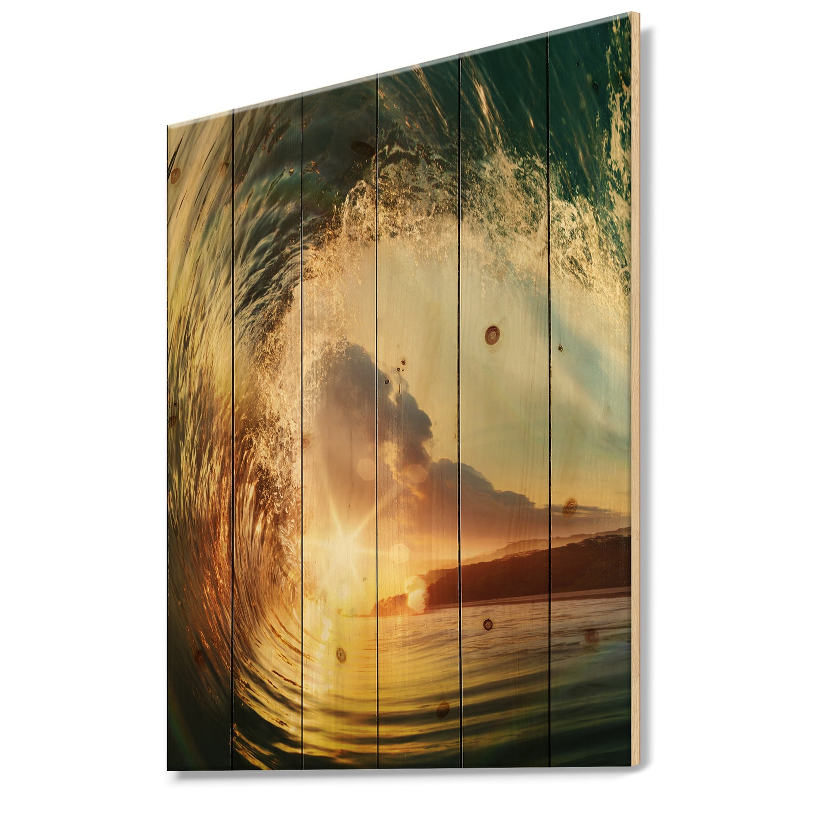 Colored Ocean Waves Falling Down V - Modern Seashore Print on Natural Pine Wood