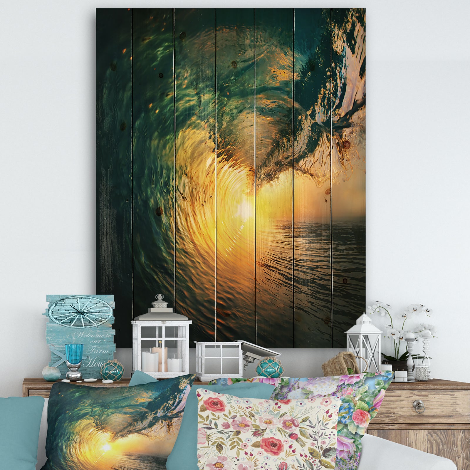 Colored Ocean Waves Falling Down VI - Modern Seashore Print on Natural Pine Wood