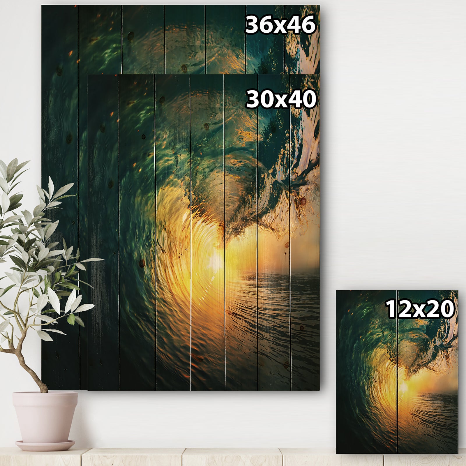 Colored Ocean Waves Falling Down VI - Modern Seashore Print on Natural Pine Wood