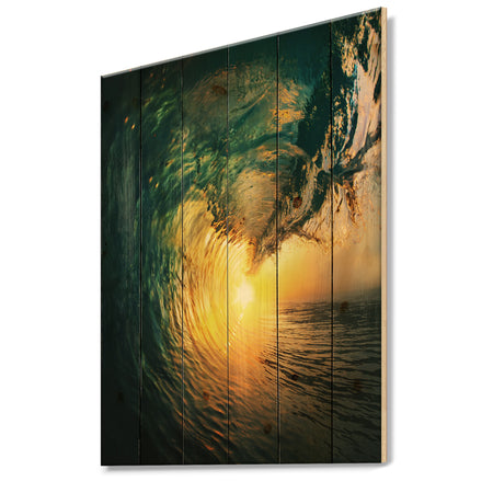 Colored Ocean Waves Falling Down VI - Modern Seashore Print on Natural Pine Wood