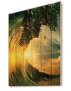 Colored Ocean Waves Falling Down VII - Modern Seashore Print on Natural Pine Wood