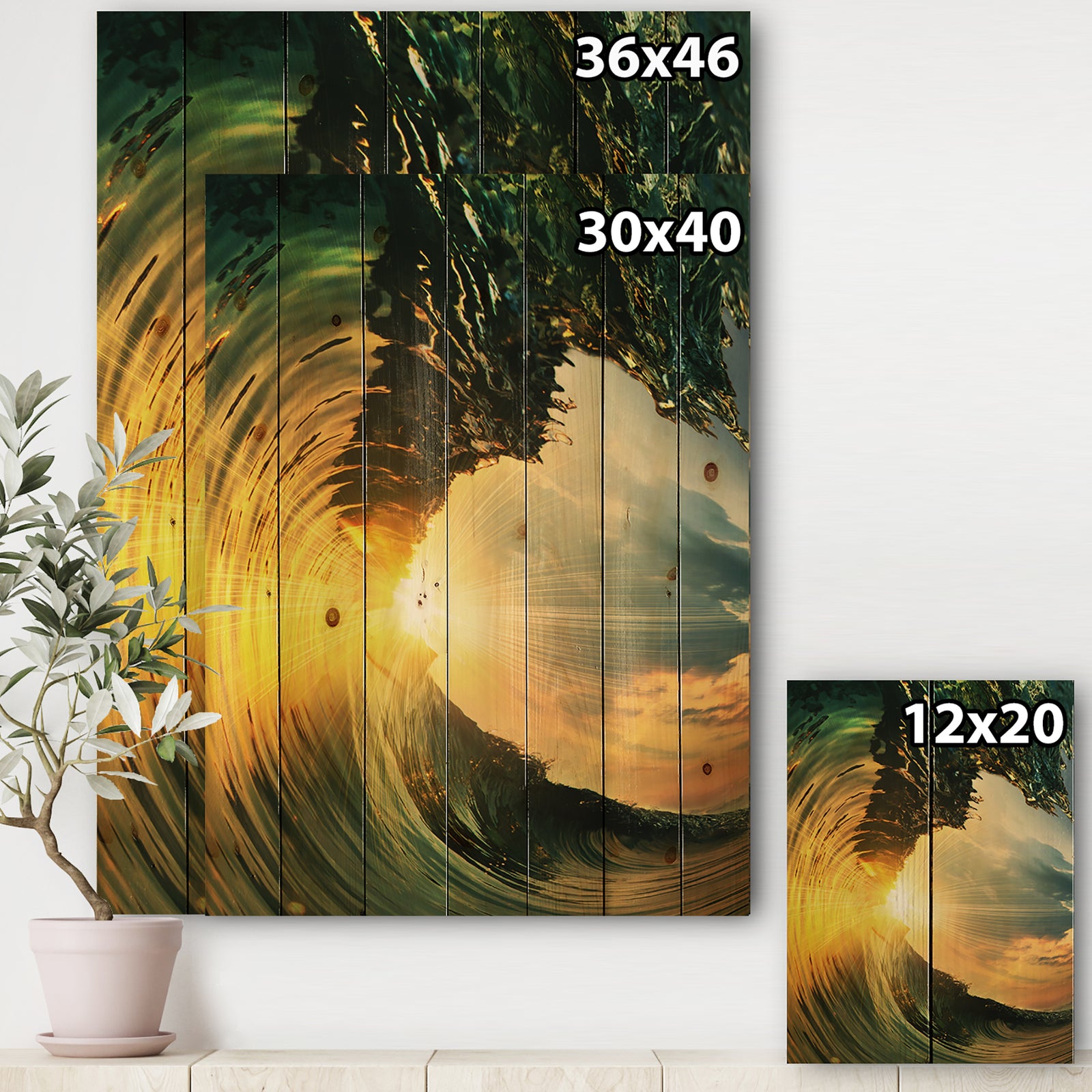 Colored Ocean Waves Falling Down VII - Modern Seashore Print on Natural Pine Wood
