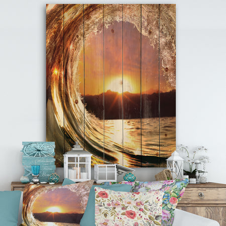 Colored Ocean Waves Falling Down VIII - Modern Seashore Print on Natural Pine Wood