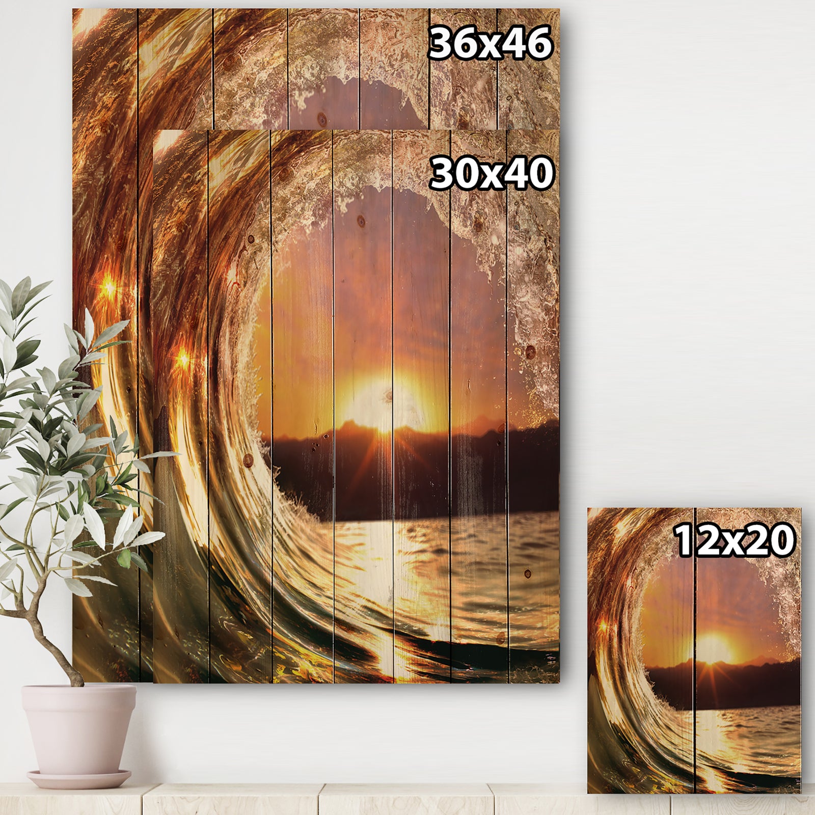 Colored Ocean Waves Falling Down VIII - Modern Seashore Print on Natural Pine Wood