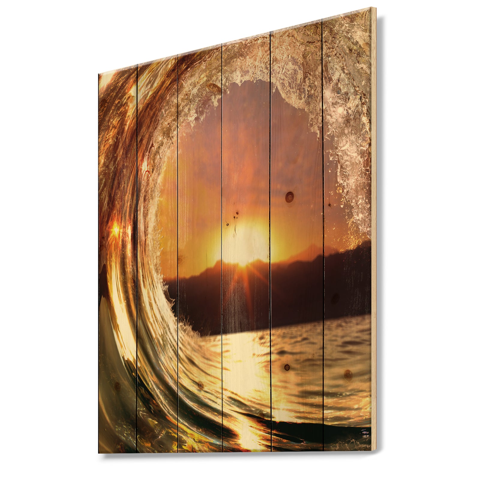 Colored Ocean Waves Falling Down VIII - Modern Seashore Print on Natural Pine Wood