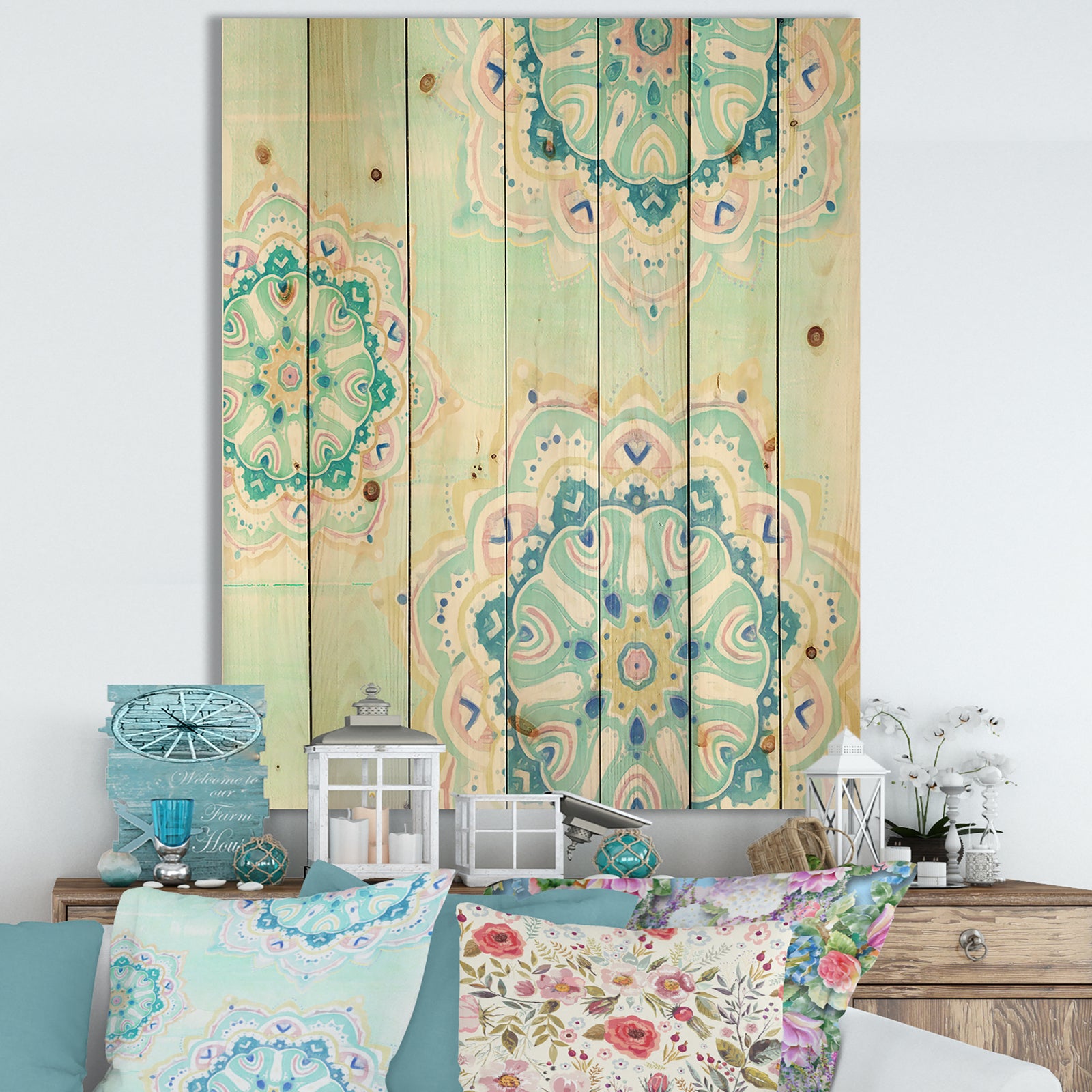 Watercolor mandalas IV - Floral & Botanical Print on Natural Pine Wood