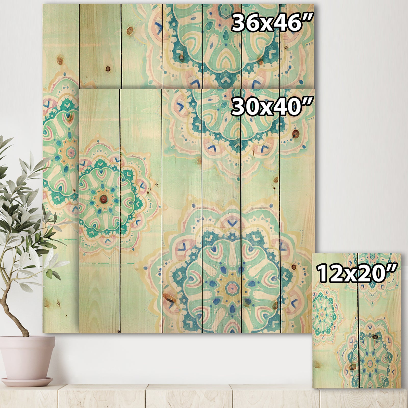Watercolor mandalas IV - Floral & Botanical Print on Natural Pine Wood