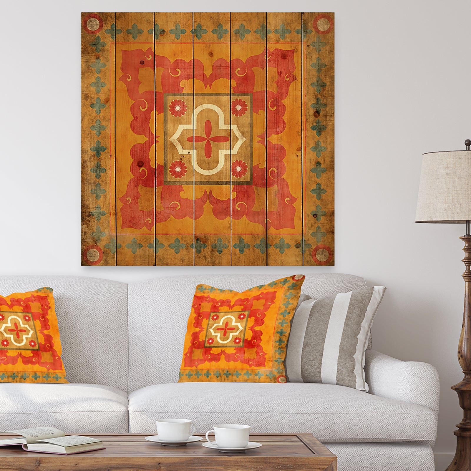 Moroccan Orange Tiles Collage II - Bohemian Chic Print on Natural Pine Wood