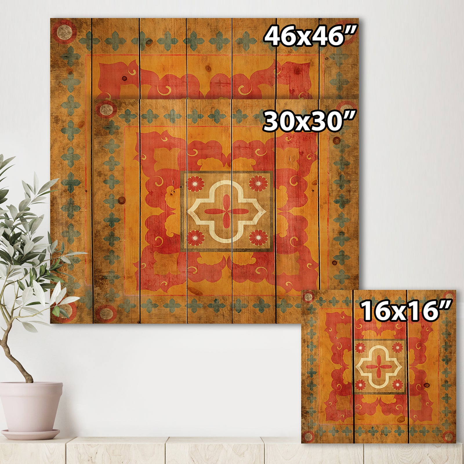 Moroccan Orange Tiles Collage II - Bohemian Chic Print on Natural Pine Wood