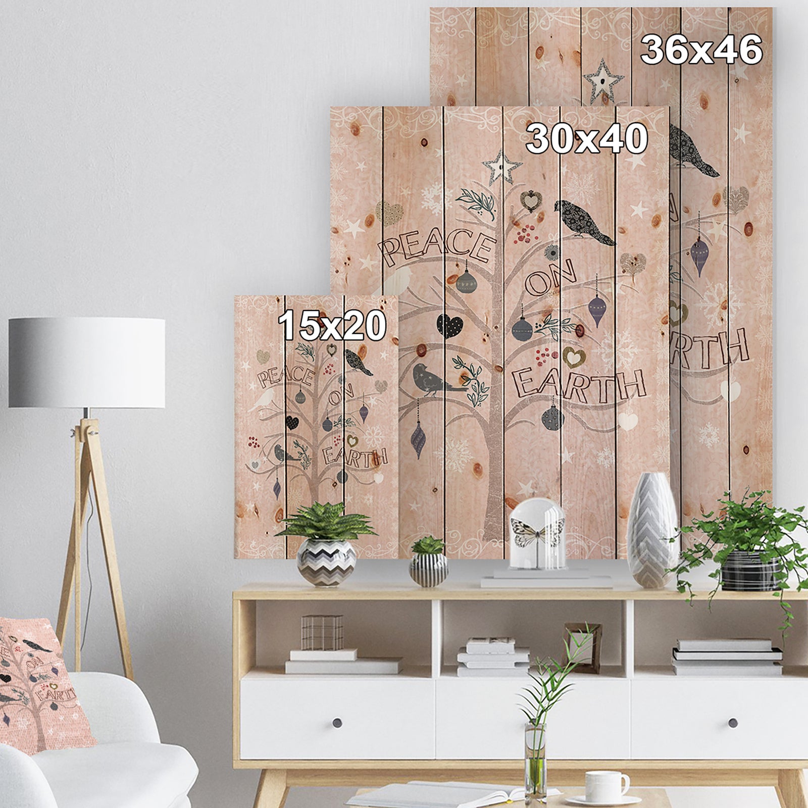 The Embellished Christmas Tree, Peace on Earth - Print on Natural Pine Wood
