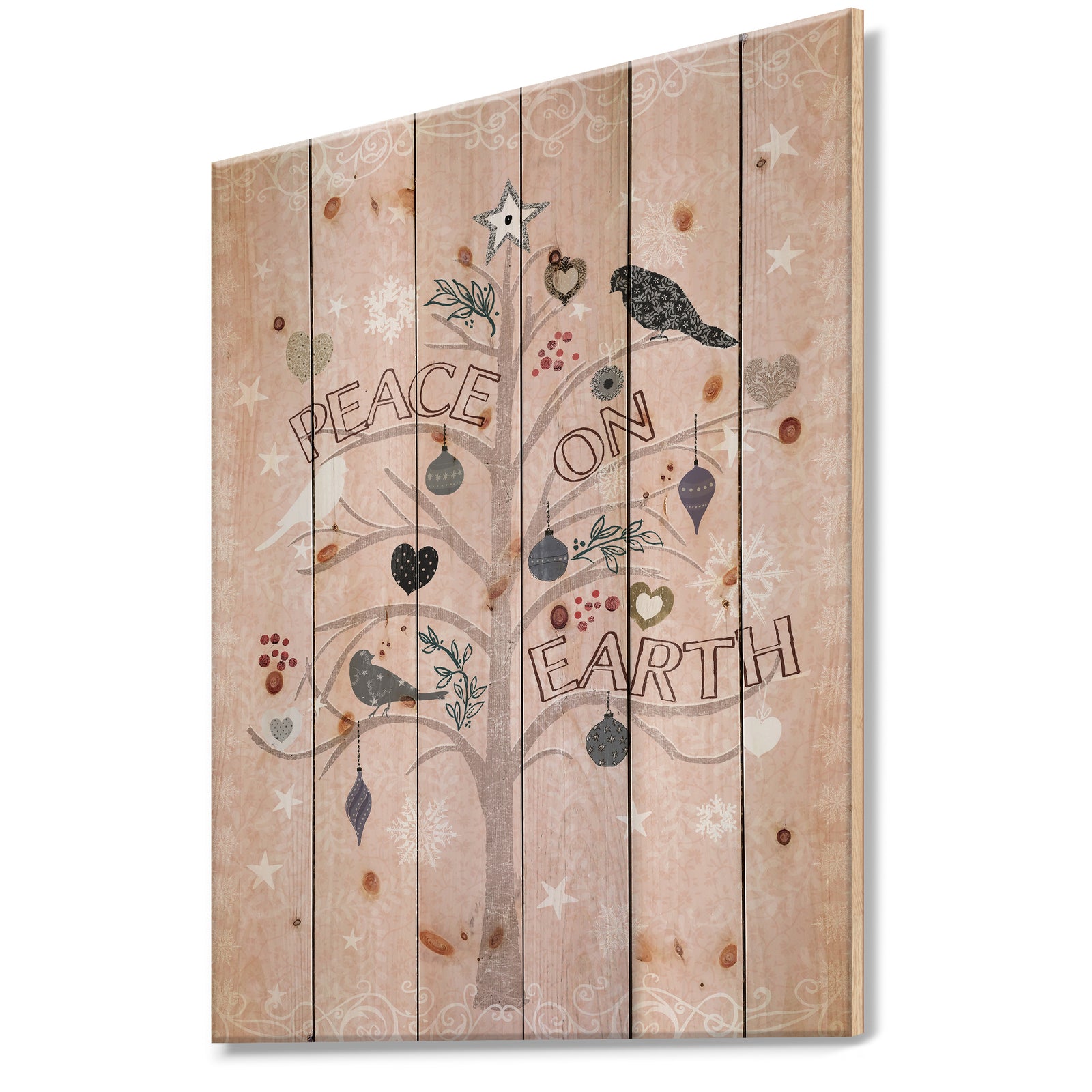 The Embellished Christmas Tree, Peace on Earth - Print on Natural Pine Wood