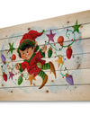 Cute Elf With Christmas Lights - Print on Natural Pine Wood