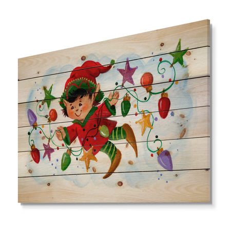 Cute Elf With Christmas Lights - Print on Natural Pine Wood