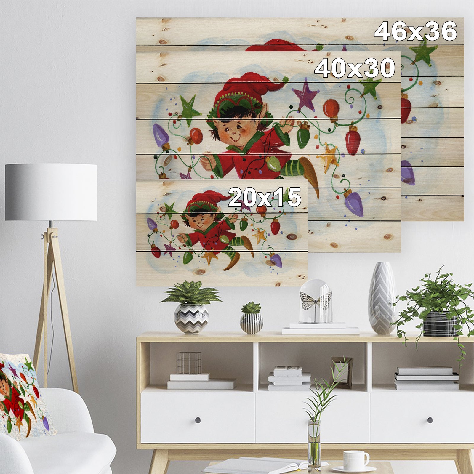 Cute Elf With Christmas Lights - Print on Natural Pine Wood