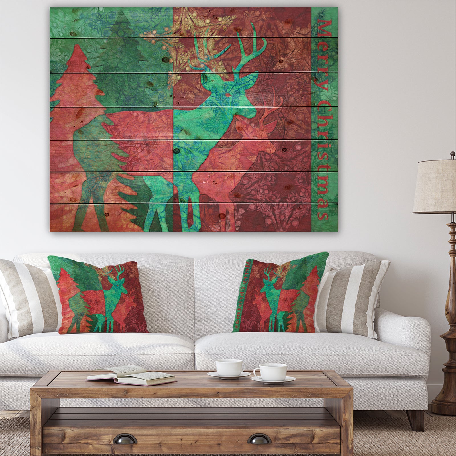 Christmas Deers Mixed media - Print on Natural Pine Wood