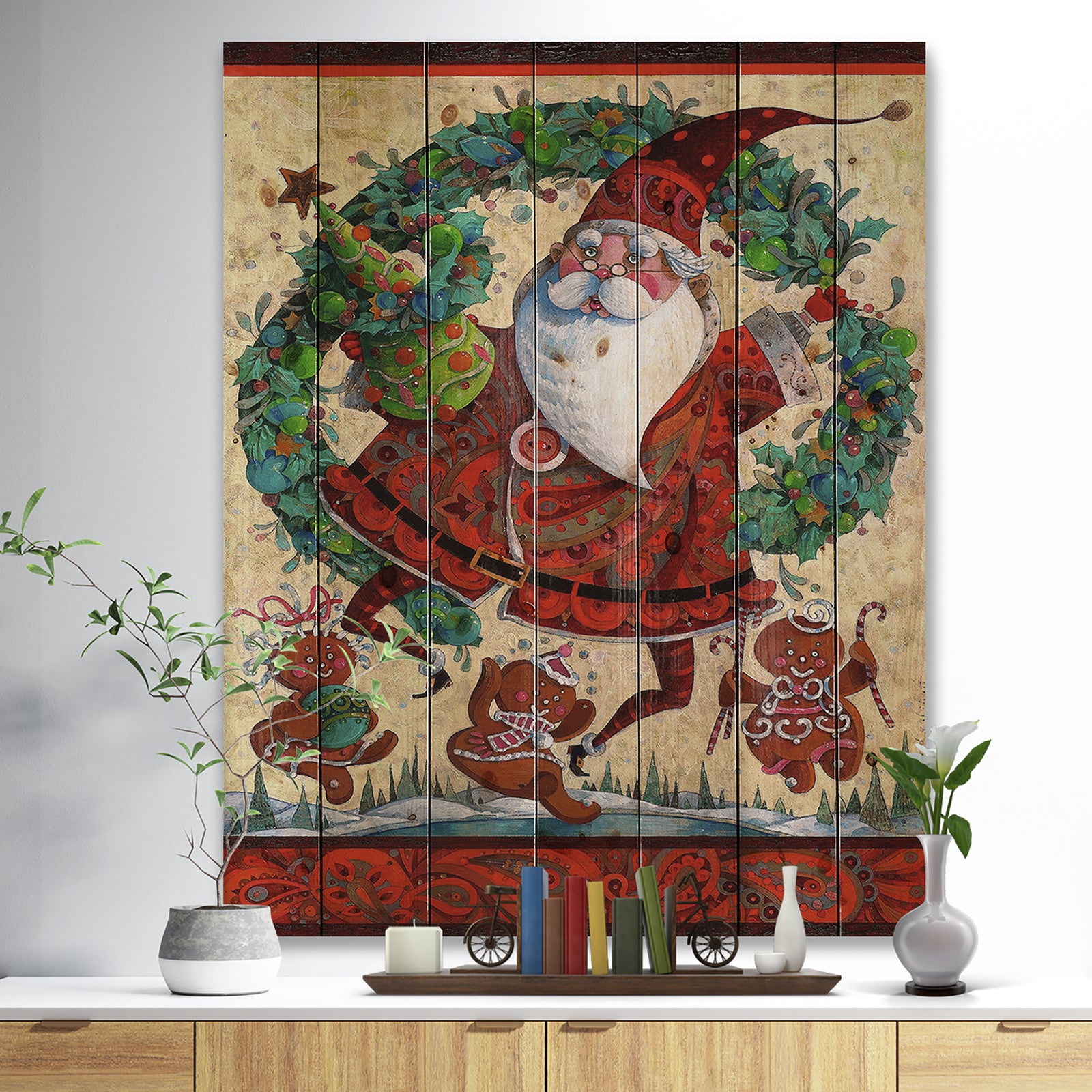 Frolic Santa with Gingerbread Men and Wreathe - Print on Natural Pine Wood