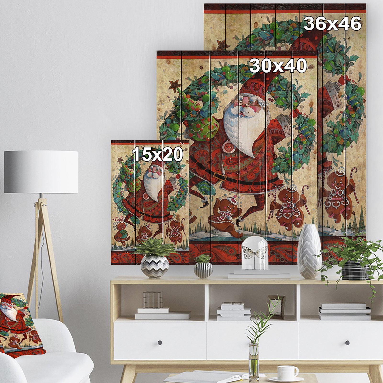 Frolic Santa with Gingerbread Men and Wreathe - Print on Natural Pine Wood