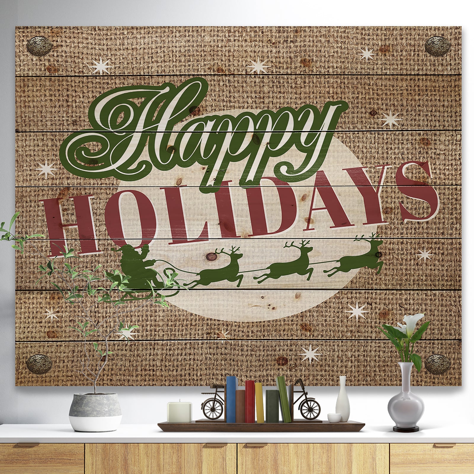 Happy Holidays Christmas Wish on Burlap - Print on Natural Pine Wood