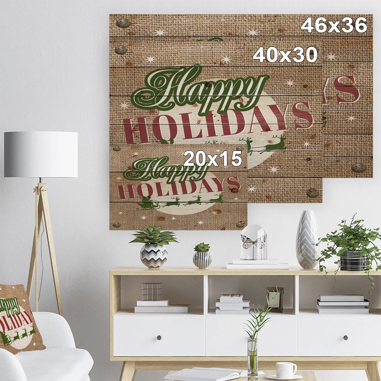 Happy Holidays Christmas Wish on Burlap - Print on Natural Pine Wood