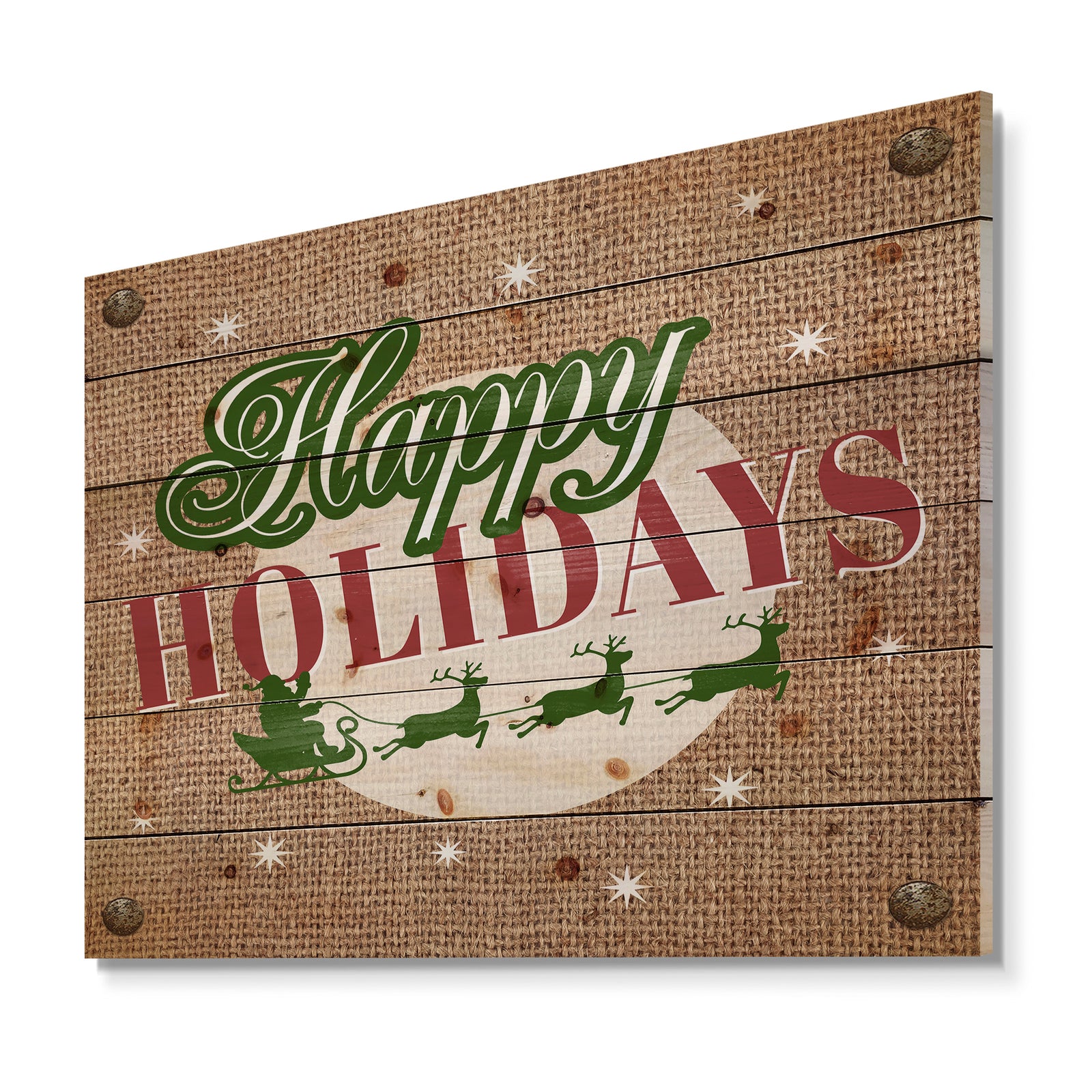 Happy Holidays Christmas Wish on Burlap - Print on Natural Pine Wood