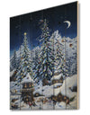 Elf houses under large lighted Christmas trees - Print on Natural Pine Wood
