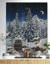 Elf houses under large lighted Christmas trees - Print on Natural Pine Wood